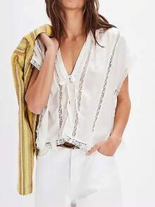 Women People Y2k Sheer Lace Trim Frees Button Up Tank Tops Cute Front Tie Up V Neck Going Out Blouse Shirts Vest Summer - 白色 - 查看 2