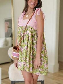 Women Floral Mini Tie Shoulder Dress Sleeveless Square Neck Knot Cami Flowy Boho Vacation Beach Short Y2k Sundress - Pink - View 2