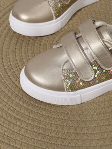 女童亮片低帮休闲运动鞋、儿童运动鞋、学生春夏平底休闲鞋、街头休闲鞋、青少年日常穿着鞋 - 金色 - 查看 7