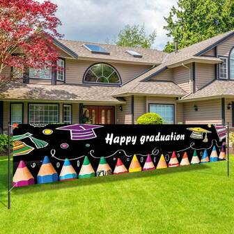 1 stuk gekleurde potlood afstudeerfeestbanner, gemaakt van polyesterstof, geschikt voor afstudeerfeesten, fotoshoot prop achtergrond, binnen en buiten, woondecoratie, afstudeerfeestdecoratie, jubileum