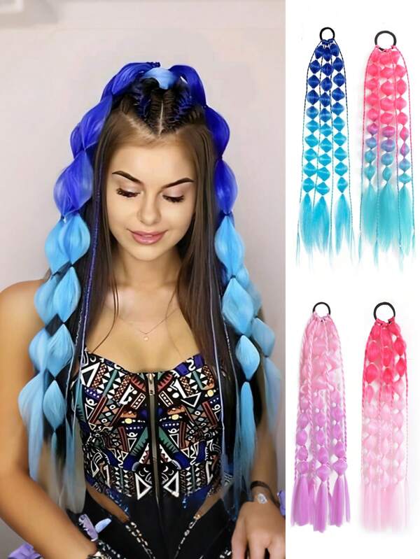 SHDanrtsey Peluca de mujer, trenza, peluca, peluca de trenza burbuja de celebridad de internet, peluca de trenza burbuja pintada para niños, extensiones de cabello ligero de color, adecuado para extensiones de cabello de cola de caballo de burbuja, accesorios para el Día del Cabello Loco con degradado.