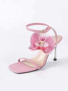 Women's Fashionable Elegant Strap 3D Floral Pink Square Toe Metallic High Heel Sandals, Sexy High-End For Party, Date, Pink High Heels,Spring Summer Outfits - Pink - View 2