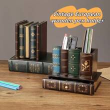 1 Stück Vintage Europäischer Holz Stifthalter, Aufbewahrung & Organisation: Büroorganizer für zuhause, Stiftaufbewahrungsbox, Fach-Behälter, Retro Stiftbecher, dekorativer Holz-Falschbuch-Look, multifunktionaler kreativer Mode Stifthalter mit Schublade - Schreibtischorganizer und dekorative Aufbewahrungsbox, Rückkehr zur Schule Zubehör, Bürobedarf, Schulmaterial, Dorm-Bedarf, Geschenk für Familie und Freunde, Geburtstagsgeschenk, Valentinstag Geschenk, Neujahr Geschenk, Feiertags Geschenk, Party Bedarf
