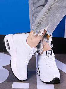 New Spring/Autumn Plus Size Breathable Cushioned Lightweight Platform Fabric Casual Shoes, White Wedge Thick Bottom Sneakers, Elevator Shoes, Women Sports Shoes With Height Increase, White High Heel Thick Bottom Elevator Shoes, Men's Elevator Shoes, Men's Thick Bottom Shoes, Lace-Up Minimalist Couple Travel Shoes Ins, High Thick Bottom Sports Shoes For Women, Women Elevator Shoes, Invisible Increased Height Women Shoes, Women Thick Bottom Wedge Sneakers - White - View 4