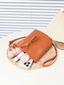 Women's Minimalist Drawstring Shoulder Bucket Bag For Everyday Commute - Brown - View 6