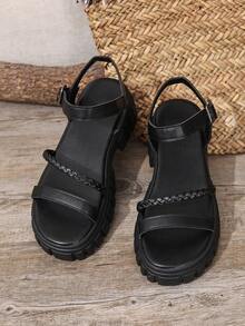 女士简约时尚度假风格绑带编织凉鞋，仙女坡跟厚底凉鞋，适合户外散步、沙滩，加大码 - 黑色 - 查看 4