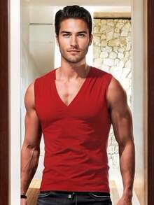 Playera Basica de Escote V con Hombros Descubiertos para Hombre - Rojo - Ver 3
