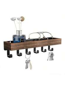 1 pieza Organizador de pared montado en la pared de madera vintage con 6 ganchos, estante de almacenamiento flotante y soporte para llaves/correo. Organizador de entrada de estilo nórdico minimalista con bandeja de madera, multiusos para cocina, dormitorio, baño y pasillo. Decoración del hogar ideal, adecuado como regalo de Navidad, Año Nuevo, cumpleaños, Día de la Madre para amigos y madres. - Multicolor - Ver 15