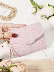 Pink Bow Love Pattern Bag,Small Wallet Coin Pocket Small Wallet Double Fold Women's Wallet Mini, Women's Fashionable Wallet, With Multiple Card Slots And ID Card Window, Very Suitable For Outdoor, Travel And Returning To School
