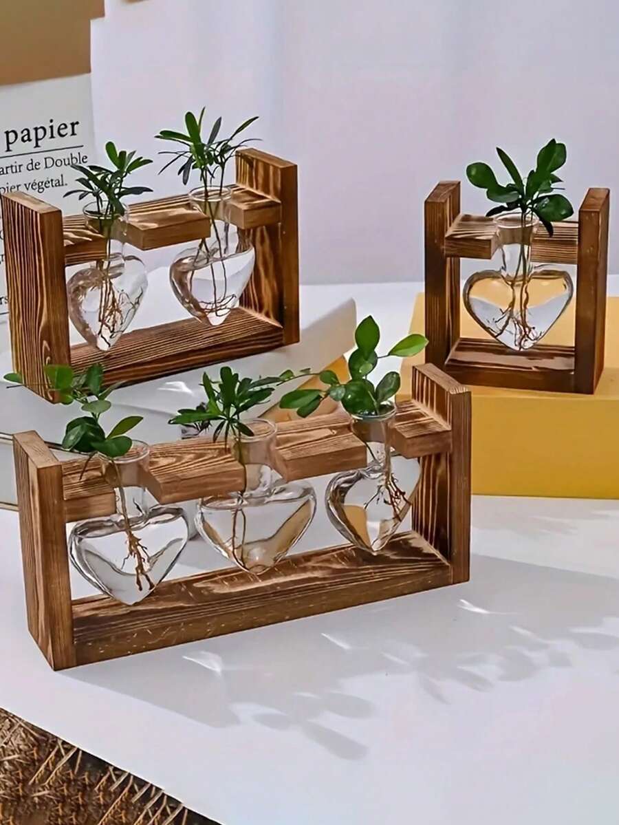 Plant Terrarium With Wooden Frame, Heart-Shaped Clear Glass Vase Hydroponic Plant Propagation Station Flowerpot Air Plant Vase For Home Office Decoration Home Decor Room Decor Flower Vase - Multicolor - View 1