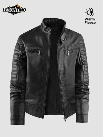LEDUNTINO Męska kurtka skórzana z zamkiem błyskawicznym, casualowa, outdoorowa, z polaru, styl sportowy, jednolity kolor, kurtka typu bomber, prezent dla chłopaka, męska wiatroszczelna kurtka skórzana na jesień/zimę, kołnierz stójka, dwurzędowa, kurtka motocyklowa, męska odzież wierzchnia na jesień/zimę