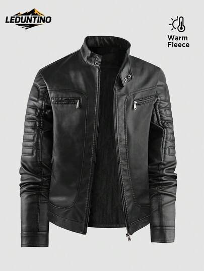 LEDUNTINO 男士时尚拉链休闲户外抓绒皮夹克，运动风，纯色，飞行员夹克，男友礼物，男士秋冬防风皮夹克，立领，双排扣，摩托车夹克，男士秋冬外套