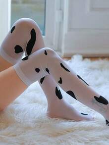 2双装女士奶牛图案性感时尚过膝长袜，舒适 - 黑與白 - 查看 6