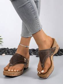 New Retro Square Toe Wedge Heel Slippers, French Romantic Classic Fashion Elegant High-End Breathable Wedge Heel Sandals For Women - Brown - View 4