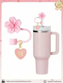 2 件套心形和字母秋海棠花吸管装饰、粉色杯字母标记和硅胶秋海棠花可重复使用吸管盖（适用于 1 厘米直径吸管），可爱字母装饰，适用于现代简约玻璃杯，返校用品 - 粉色 - 查看 21