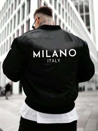 Plus Size Men's Jacket, Spring & Autumn, Letter Print Casual Baseball Uniform, Long Sleeve Zip Up Baseball Collar Jacket, Plus Size For Tall Men