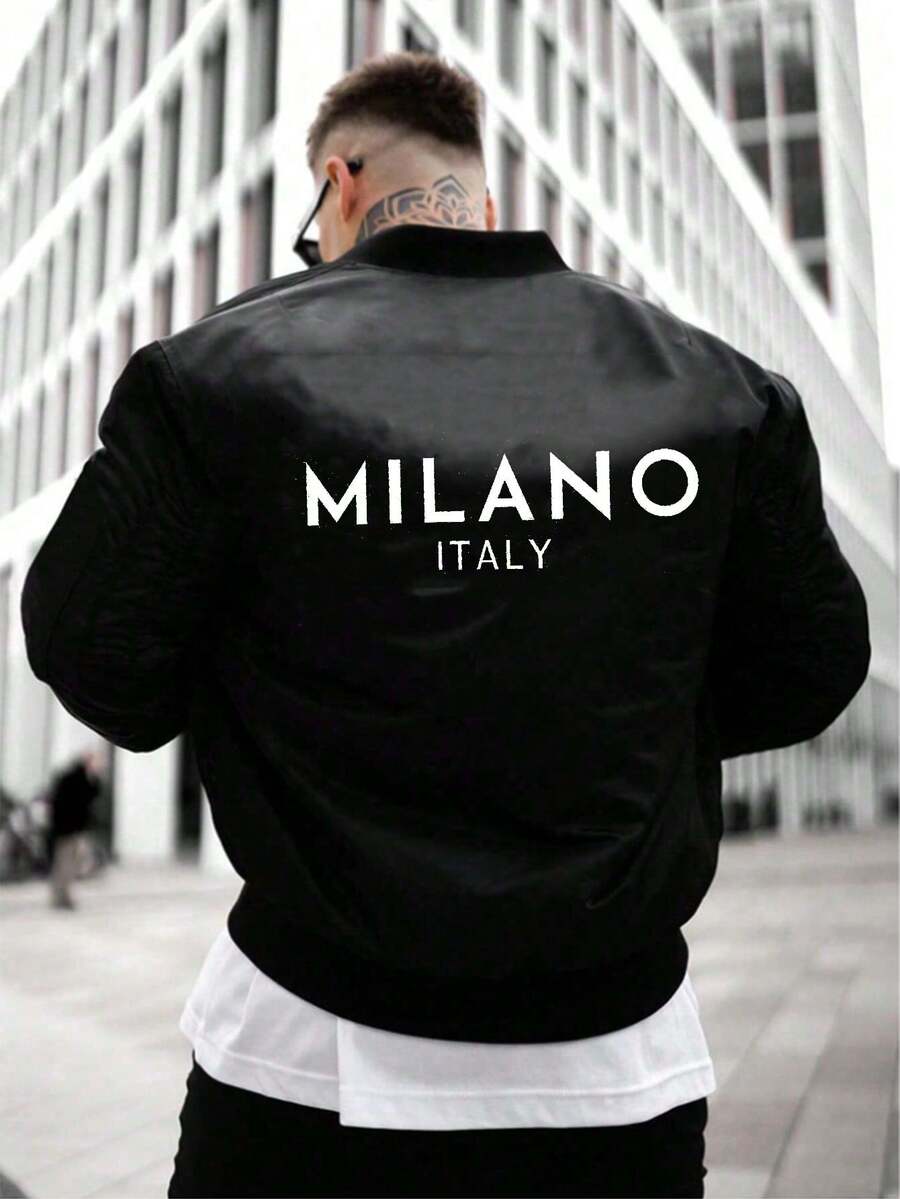 Plus Size Men's Jacket, Spring & Autumn, Letter Print Casual Baseball Uniform, Long Sleeve Zip Up Baseball Collar Jacket, Plus Size For Tall Men - Black - View 1