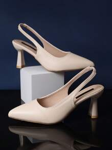 1 paire de sandales à talons hauts ivoire pour fille, en matériau PU de couleur unie, avec sangle de cheville élastique, bout pointu, talon aiguille, semelle compensée élégante, convient pour la fête, les achats, les voyages, les vacances, nouvelle arrivée d'été