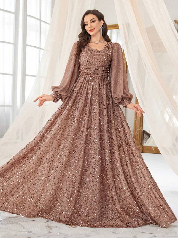 UNITHORSE Robe de soirée maxi élégante UNITHORSE femme avec manches lanternes, taille froncée, paillettes froncées, pour fête, invitée de mariage, cérémonie, soirée, mariée, anniversaire, remise de diplômes, tenues d'automne pour femmes