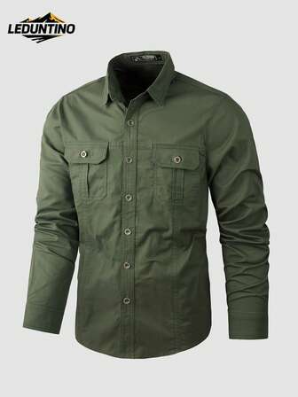 LEDUNTINO Men's Fashion New Cargo Pocket Button Up Solid Long Sleeve Shirt For Spring And Autumn Leisure Outdoor Activities