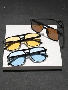 3副男士亚克力休闲飞行员方形镜框时尚太阳镜，适合度假、外出和搭配服装 - 彩色 - 查看 2
