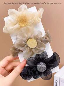 3pcs Girls' Floral Hair Accessories Set For Buns Including Beige Organza Flower Hair Elastic, Brown Flower Hair Clip, And Black Hair Tie That Are Suitable For Daily Life