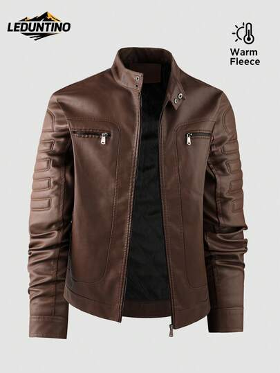 LEDUNTINO Men's Fashion Zipper Casual Outdoor Fleece Leather Jacket, Sports Style, Solid Color, Bomber Jacket, Boyfriend Gift, Men's Autumn/Winter Windproof Leather Jacket, Stand Collar, Double-Breasted, Motorcycle Jacket, Men's Autumn/Winter Top