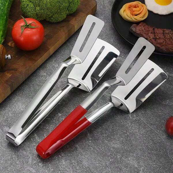 1pc Multifunctional Stainless Steel Food Flipper, 3-In-1 Burger/Steak/Pizza Tongs, Double-Sided Scraper, Suitable For Grilling, Baking, Kitchen & Restaurant Tools