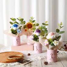 1 set de ramo de flores artificiales hechas a mano con balde de plástico, papel de envolver, flores de ganchillo, adecuado para regalos para mamá, amigos o regalos de aniversario, regalos del día de la madre, regalos del día de San Valentín, regalos de cumpleaños, decoración del hogar.
