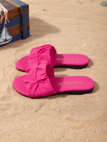 夏季新款圆头褶皱设计女童户外拖鞋，时尚大方，纯色西部儿童平底凉鞋 - 玫紅色 - 查看 4