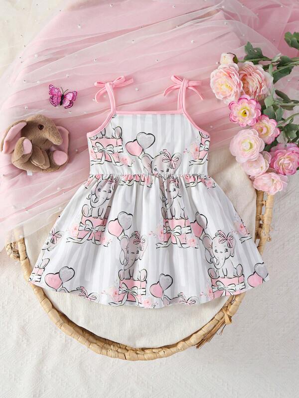 Baby Girl's Cartoon Elephant Print Bowknot Strap Summer Beach Dress