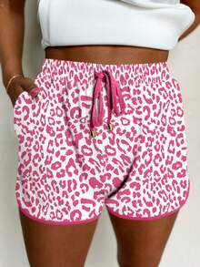 Acelitt White Leopard Print Elastic Waist Tie-Up Contrast Trim Casual Shorts - Pink - View 1