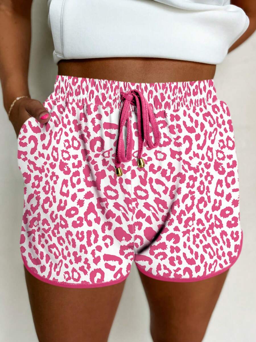 Acelitt White Leopard Print Elastic Waist Tie-Up Contrast Trim Casual Shorts - Pink - View 1
