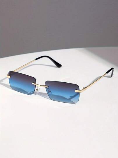 1pc Men Vintage Frameless Rectangular Fashion Glasses With Gradient Lens, Metal Frame Suitable For Driving, Sports, Outdoor Travel & Photography For Summer Beach Vacation,Outdoor,Travel