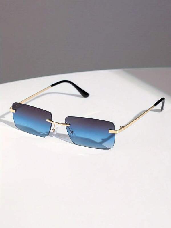 2 Stück Verlaufsfarbe Blau + Schwarz - Herren retrofarben Rahmenlose rechteckige Mode Brille, Verlaufsfarben Gläser, Metallrahmen - Geeignet für Autofahren, Outdoor-Reisen, Lässig, Fotografie, ideales Geschenk für Männer, Dekorationsbrille für den täglichen Gebrauch, modischer Preppy Schul-Look