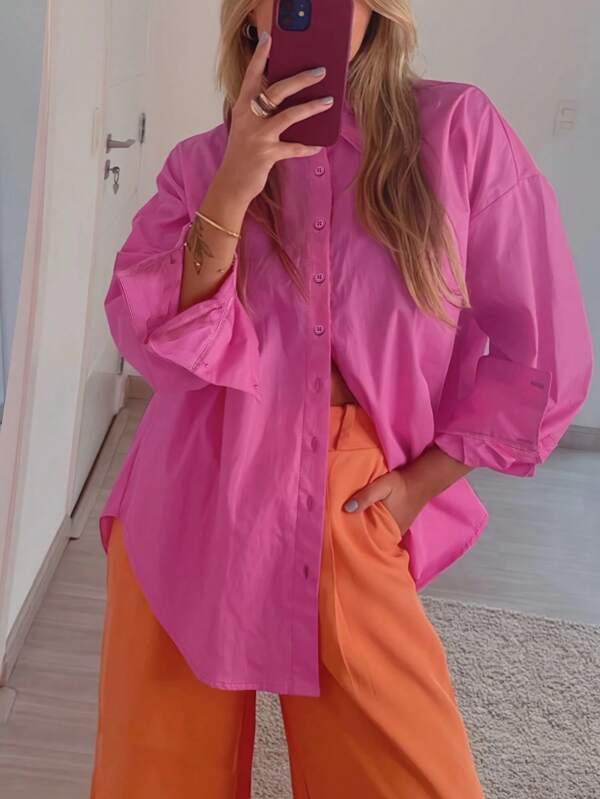 Women's Solid Color Drop Shoulder Long Sleeve Single-Breasted Casual Loose Shirt