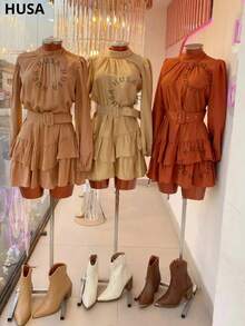 Duna Boho Chic Long Sleeve Ruffle Dress With Elegant Belt - Moss Green - View 4
