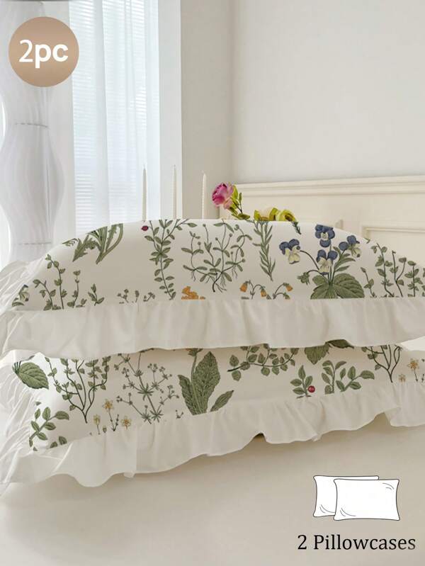 2pcs Set Floral Ruffle Print Pillow Case, Comfortable Breathable Soft Skin-Friendly, Machine Washable, Suitable For Dorm, Bedroom, Hotel, All Seasons Use