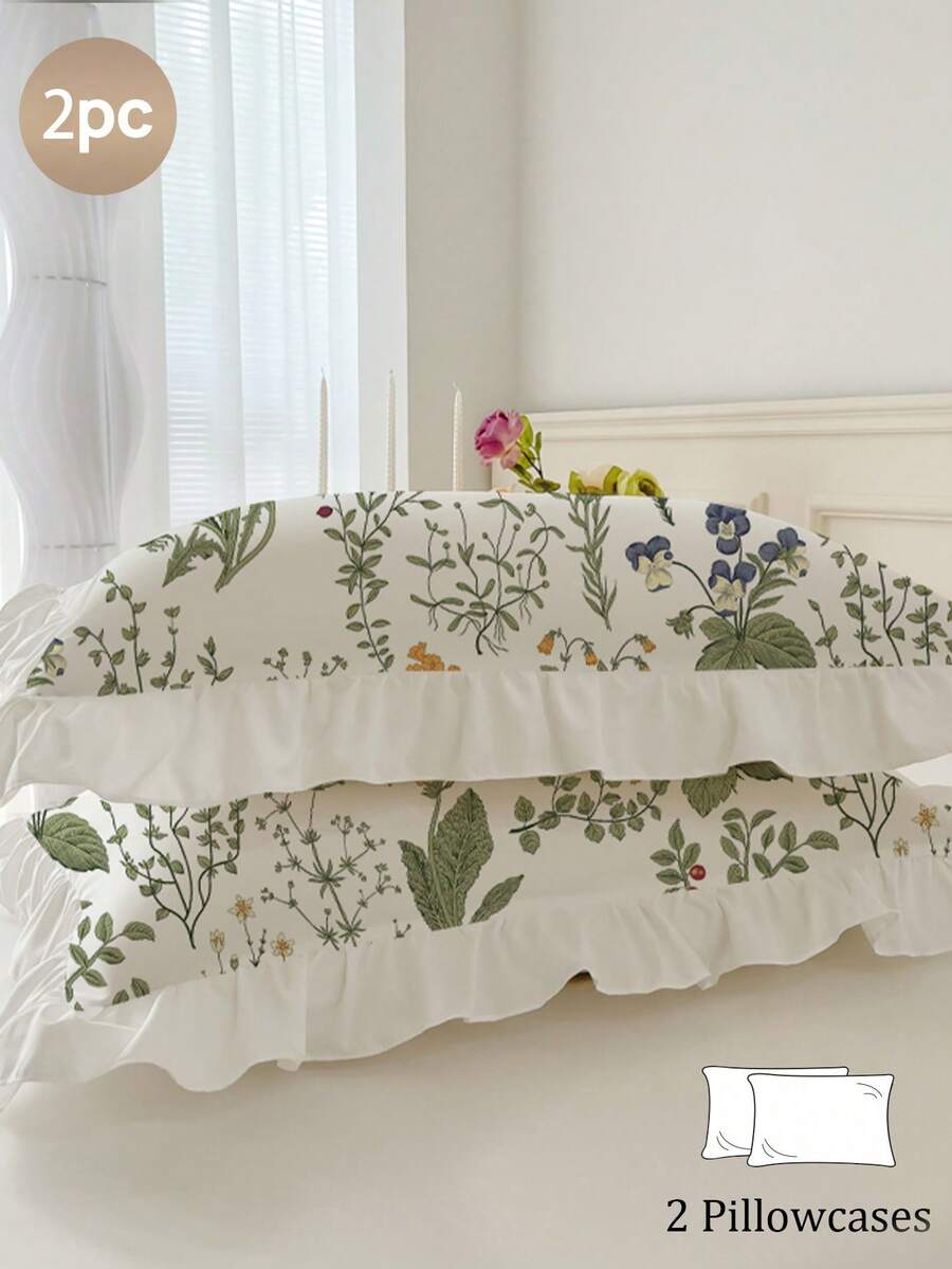 2pcs Set Floral Ruffle Print Pillow Case, Comfortable Breathable Soft Skin-Friendly, Machine Washable, Suitable For Dorm, Bedroom, Hotel, All Seasons Use - White - View 1