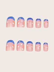 24 Peças Kit de Unhas Postiças Quadradas de Tamanho Médio Francesas na Cor Azul, Design Ombré de Estrelas do Dia da Independência, Ajuste Perfeito para Unhas Postiças, Kit de Unhas Falsas de Cobertura Total, Inclui 1 Peça folha de adesivos e 1 Peça mini lixa, para uso diário, escritório, casa, festa, acessórios de jóias femininas, dicas de unhas falsas, 1 Peça tira de lixa, envio aleatório de gel jelly