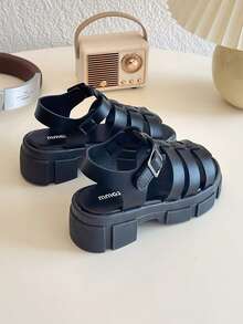 Summer New Round Toe Woven Decor Design Girls Outdoor Sandals, Non-Slip And Durable, Fashionable And Elegant Children High Heel Roman Sandals - Black - View 3