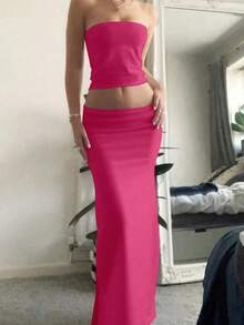 2 piezas Conjunto de ropa de mujer de moda, sexy, dulce y lindo, bien ajustado, atuendos de verano y vacaciones, ropa de , ropa para el Día de San Valentín, Ramadán y carnaval, atuendo de playa para mujer - Rosa Fucsia - Ver 2