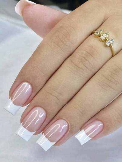 24pcs Square French Style White Press-On Nails, Minimalist & Casual, Suitable For Daily Commute, Reusable