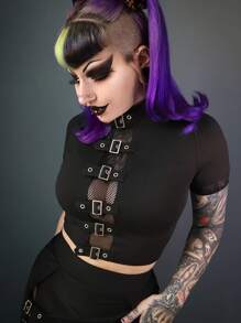 Plus Size Gothic Mesh Sweater 2025 - Women's Black Punk Top With Belt Buckle Detail & Lace-Up Corset Style (0X-5X)