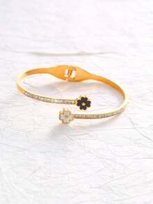 1pc Stainless Steel High-End Personalized Clover Shell Paved Titanium Steel Bangle Bracelet - Gold - View 7