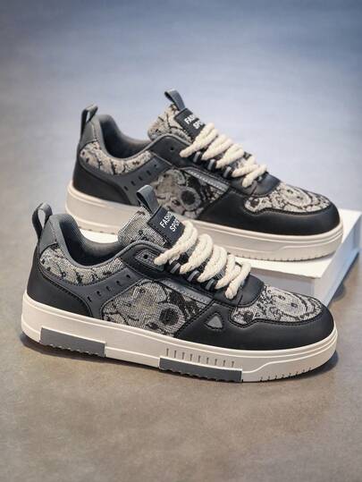 Men's Stylish Mixed Color Patchwork Fabric Low-Top Skate Shoes, Random Print Increase Height Niche Sneakers For Teenagers Daily Casual Wear ,Gym 2000s Style Valentine's Day Ideas