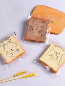 50个1套透明自粘卡通图案面包袋随机包装袋一次性食品包装袋耐油牛皮纸袋吐司袋甜甜圈贝果袋 - 動物表情袋50pcs - 查看 9