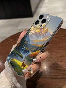1 pieza Funda de teléfono talla grande gruesa a prueba de caídas con paisaje floral transparente e impresión de ciervo compatible con , Galaxy, Redmi