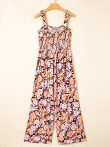 Acelitt Women's Bohemian Style Printed Square Neck Pleated Patchwork Pocket Loose Wide Leg Casual Jumpsuit, Summer - Multicolor - View 4