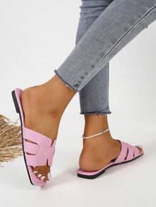 Women's Fashion Square Toe Flat Slip-On Sandals, Versatile Design For Spring Summer - Pink - View 2